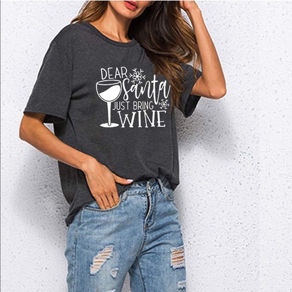 Dear Santa Just Bring the Wine - Christmas Short Sleeve Tshirt Large T-shirt - Picture 5 of 5